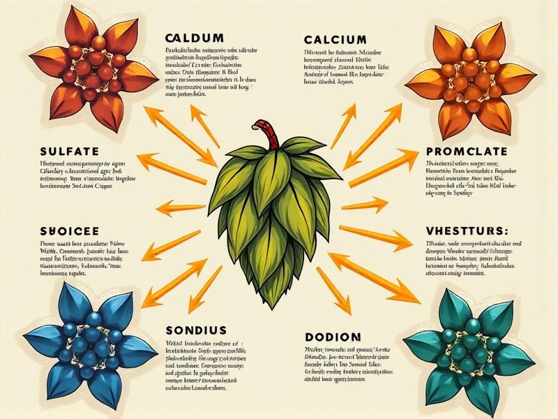 An illustrative infographic showing molecular structures of calcium, sulfate, and sodium ions interacting with beer ingredients, using vibrant colors and arrows to demonstrate their impact on bitterness, sweetness, and aroma in a clean, modern design.