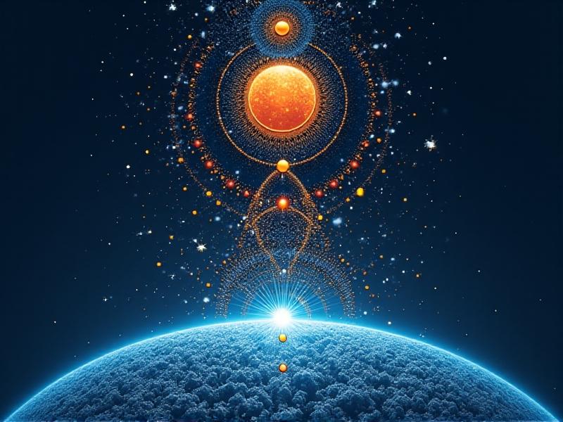 An infographic split into three vertical sections: sea level (crowded molecules in blue), mountain altitude (sparser orange particles), and stratosphere (scattered white dots). Each layer includes icons of airplanes, weather balloons, and hikers. The background transitions from deep blue to black, with crisp typography labeling altitudes.