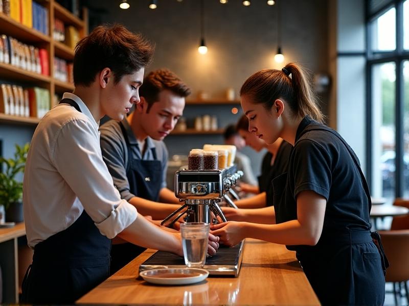 A bustling café training session: three baristas huddle around an espresso machine comparing extraction times. Coffee bags from different origins line the shelf, with a chalkboard listing today's pre-infusion experiments. Natural light floods the scene, emphasizing collaboration.