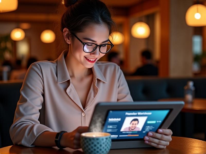 A young professional smiling while watching a workshop video on a tablet in a cozy cafe setting. Overlaid on the screen are UI elements like a progress bar, chapter markers, and a interactive quiz button. Warm lighting and a steaming coffee cup evoke relaxed, self-paced learning.