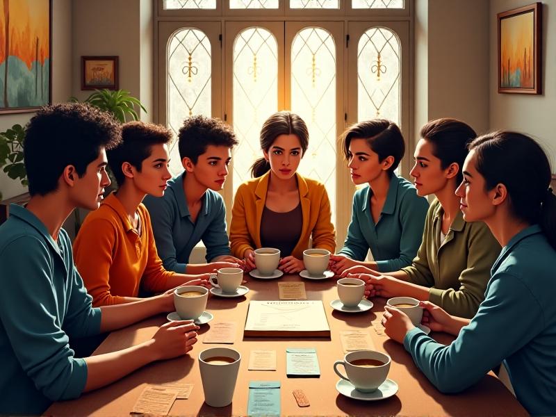 A diverse group of baristas debates brew ratios around a wooden table cluttered with brewing devices and color-coded recipe cards. Natural light streams through large windows, casting soft highlights on their animated expressions and hands gesturing toward a central notebook.