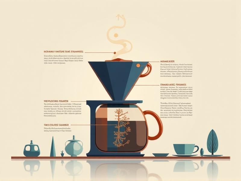 A cross-sectional diagram of a vacuum coffee maker in action, with arrows illustrating vapor pressure lifting water from the lower chamber to the upper chamber. Labels highlight temperature zones and flow direction, rendered in a minimalist infographic style with muted colors and clean typography.