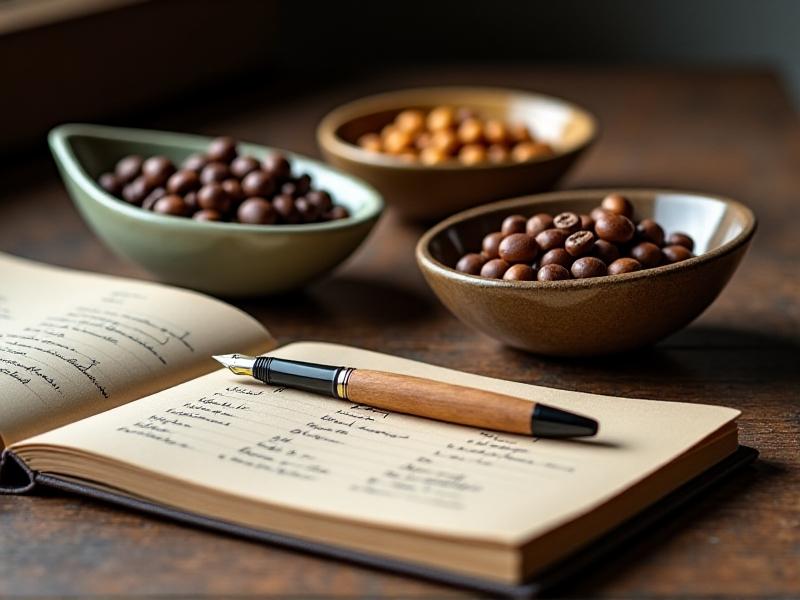 Three small bowls holding light, medium, and dark roast coffee beans arranged on a rustic wooden table. A notebook and pen sit nearby, with handwritten notes about grind sizes and brew times. Soft focus on the beans’ oily textures.