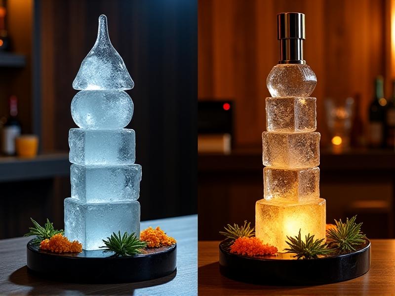 A before-and-after photo collage of a cocktail ice drip tower in a dimly lit bar. Left side shows uneven drips with frost accumulation on metal surfaces. Right side features insulated copper piping and a digital flow meter display reading 2.1 drops/sec. Garnish herbs and orange zest frame the tower base under amber spotlighting.