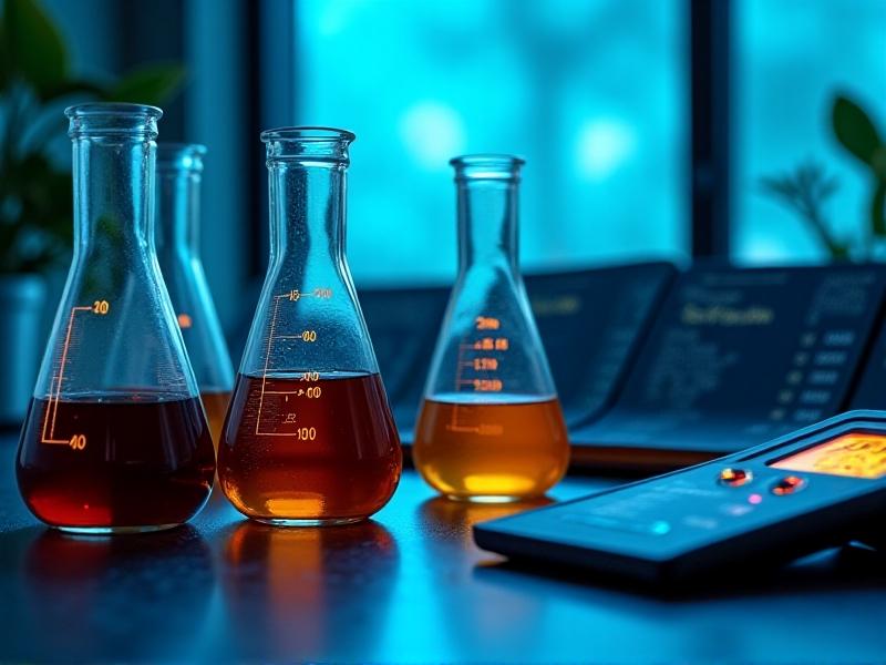 A laboratory-style setup features beakers filled with varying shades of coffee, a TDS meter, and notebooks with plotted extraction graphs. Cool blue backgrounds contrast with warm coffee hues, highlighting the intersection of science and art in brewing.