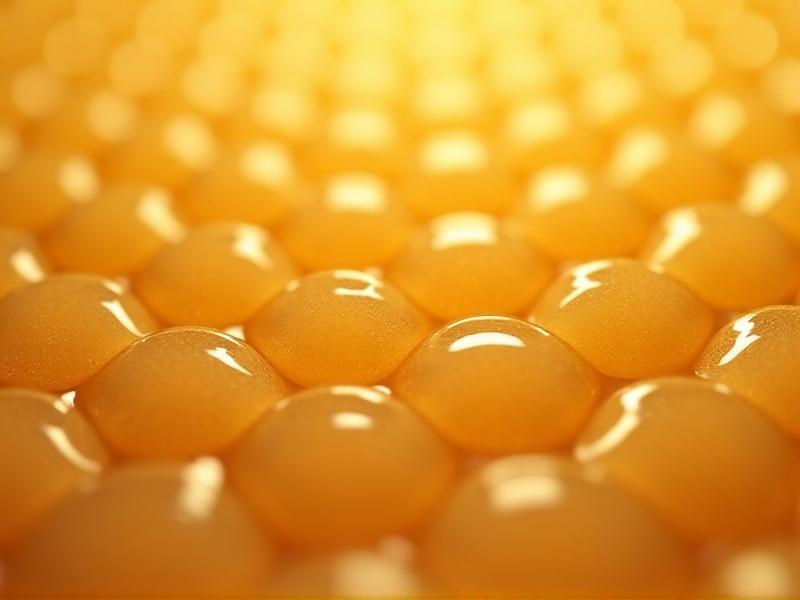 A close-up microscope image of milk microfoam bubbles, glowing under lab lighting. The bubbles are uniform in size, resembling a honeycomb structure, with golden hues against a dark background. The image conveys scientific precision and organic texture.