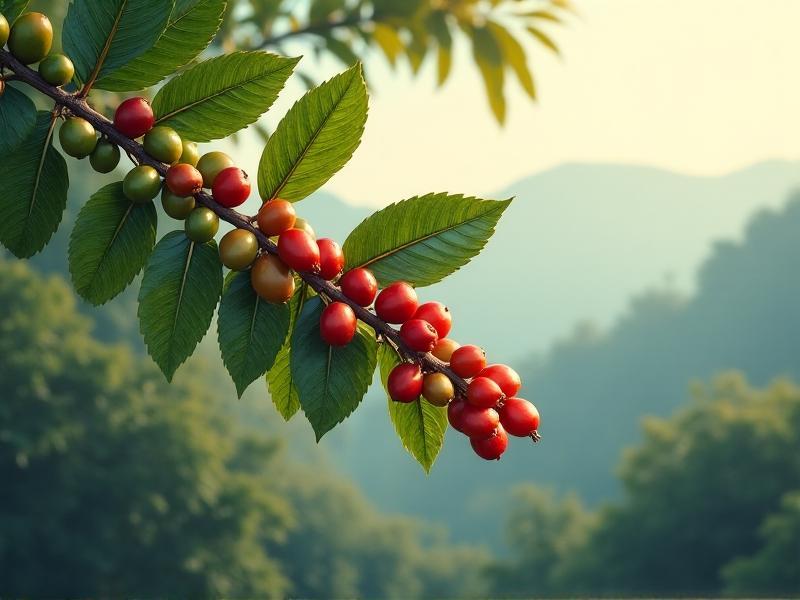 A detailed illustration of a coffee plant branch with cherries in various stages of ripeness, from green unripe cherries to bright red ripe ones, emphasizing how harvest timing affects bean quality and Quaker formation.