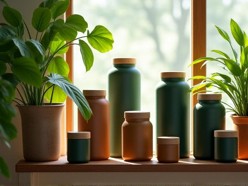 A collection of eco-friendly vacuum canisters made from recycled materials, displayed on a wooden shelf with plants and reusable jars. The canisters feature earthy tones and matte finishes, conveying an organic, sustainable aesthetic. Sunlight filters through a nearby window, casting soft shadows and enhancing the natural, eco-conscious vibe.