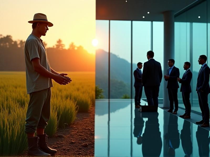 Digital split-screen image contrasting a farmer holding coffee beans in a sunny field with executives negotiating at a glass boardroom table. The left side features rich browns and greens, while the right uses cool blues and grays, symbolizing the alignment of grassroots authenticity and corporate structure.