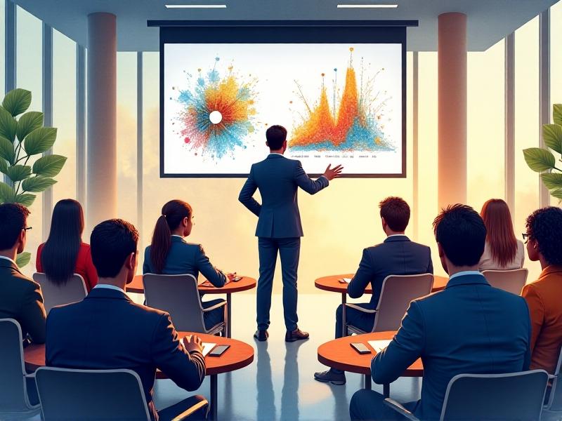 A vibrant in-person workshop scene with a diverse group of attendees seated around circular tables in a modern conference room. A speaker in a business suit gestures enthusiastically near a large projection screen displaying a colorful graph. Natural light streams through floor-to-ceiling windows, creating a bright and inviting atmosphere.