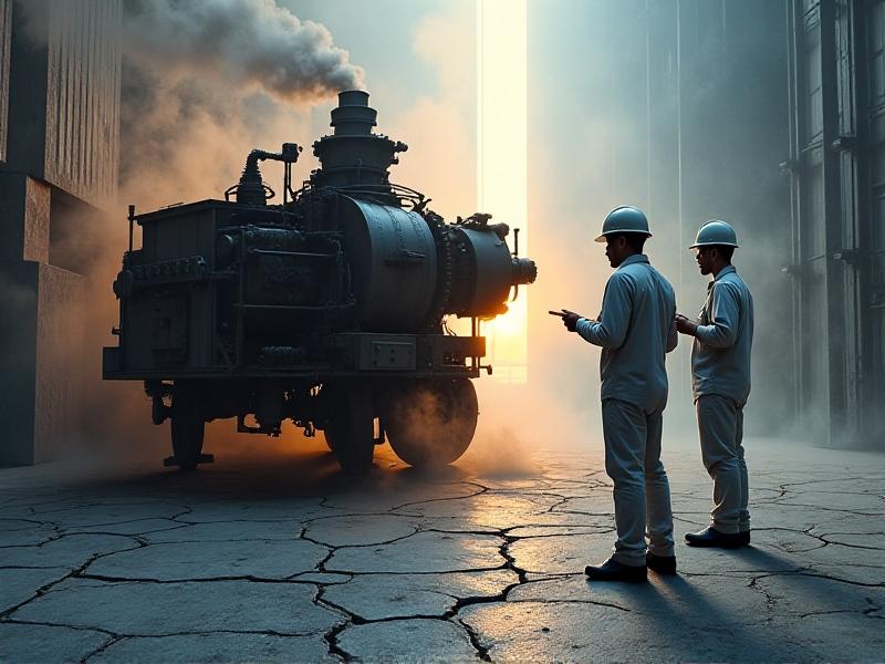 A split image: On the left, a cracked concrete foundation with a tilted industrial machine emitting smoke; on the right, engineers using laser levels to inspect a pristine, flat tamper base. Dramatic lighting contrasts chaos versus order, with a photorealistic style emphasizing textures like metal and concrete.