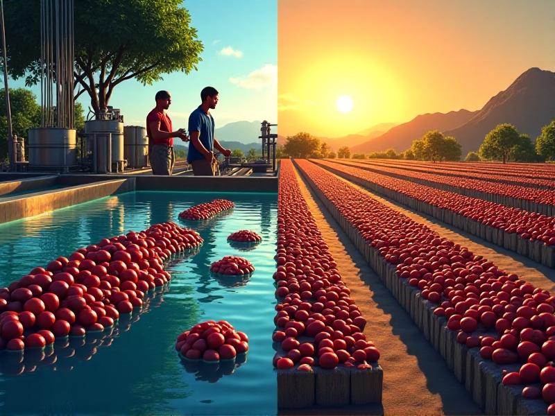 Split-image illustration contrasting washed and natural coffee processing: left side shows glistening coffee cherries pulped and fermenting in water-filled tanks, while the right depicts sun-dried cherries on raised beds amid arid landscapes, emphasizing the divergence in techniques.