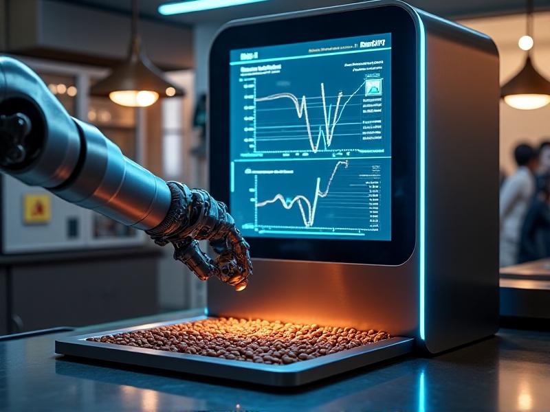 An AI-driven coffee roasting machine with a touchscreen interface displaying predictive curves and bean color analysis. Neon blue accents highlight the tech-forward design, while a robotic arm adjusts a vent in the background. Freshly roasted beans pour into a cooling tray, emitting a subtle steam mist.