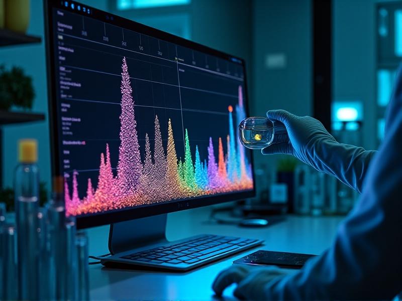 A detailed chromatogram graph displayed on a computer screen in a dim lab, showcasing peaks representing chemical compounds. A gloved hand holds a dosing cup next to test tubes filled with colored liquids, symbolizing rigorous chemical compatibility analysis.