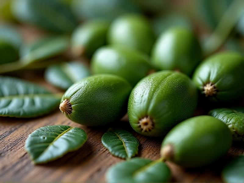 Close-up of green coffee beans with insect holes and mold growth under soft lighting. The beans are arranged on a wooden surface, highlighting jagged edges and whitish fungal patches.