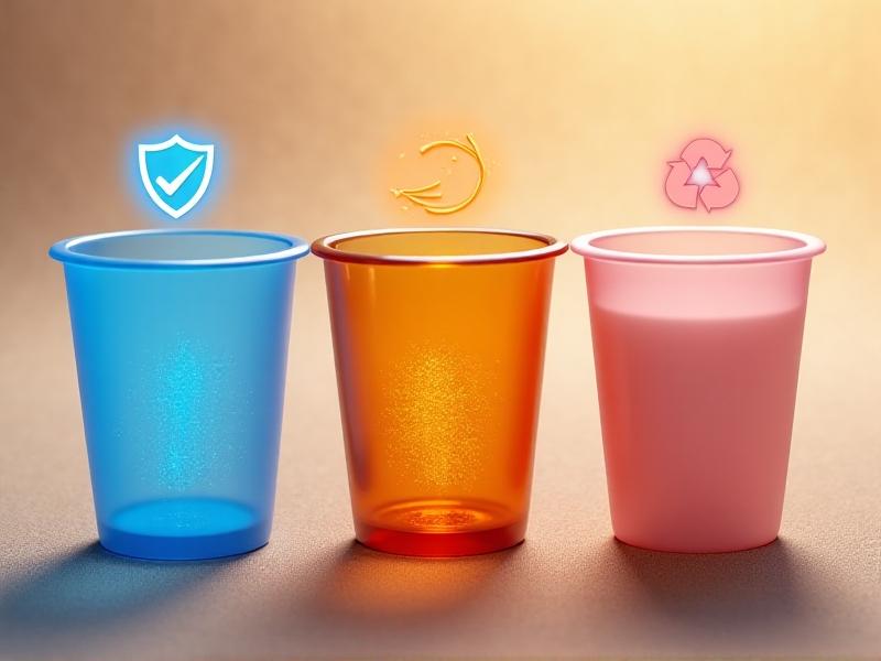 A side-by-side comparison of dosing cup materials: translucent blue polypropylene, amber glass, and soft pink silicone. Each material is shown in close-up, highlighting texture and transparency, with icons representing chemical resistance, flexibility, and recyclability overlayed in a clean, infographic style.