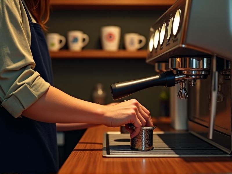 A barista’s hand using a stainless steel tamper to press coffee grounds in a portafilter. The arm is perpendicular to the counter, with focused lighting casting sharp shadows on the espresso machine’s brushed metal surface.