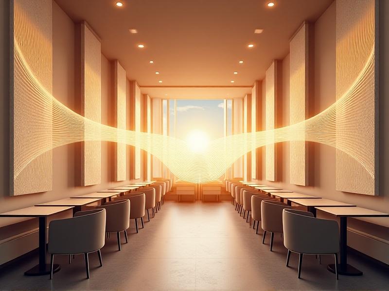 A technical illustration showing sound waves reflecting off hard surfaces, being absorbed by acoustic panels, and diffusing around curved structures in a modern café with high ceilings and minimalist decor.