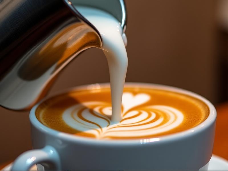 A high-speed photograph of milk streaming from a stainless steel pitcher into a coffee cup, frozen mid-pour. The liquid exhibits turbulent splashes and concentric ripples, with espresso crema curling into feather-like patterns. The background is blurred, emphasizing motion and detail.
