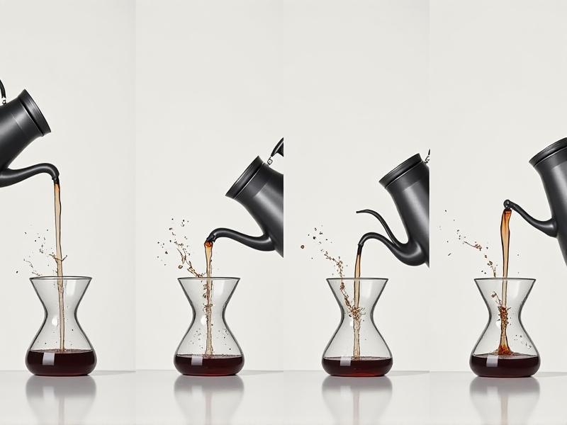 A split-screen illustration comparing four gooseneck kettles with different spout lengths, widths, and handle angles. Each pours water into separate Chemex brewers, with arrows highlighting variations in stream spread, splash patterns, and pour height against a neutral gray background.