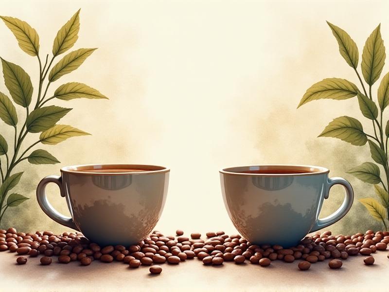 Two cups of coffee beside bean samples: one light roast Ethiopian with floral notes, another dark roast Sumatran with earthy tones. Steam rises from the cups against a rustic backdrop of coffee plant illustrations, symbolizing how origin influences brewing parameters.