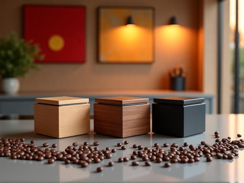 Side-by-side comparison of three knock boxes: one with a bamboo lid, another with a silicone-lined interior, and a third made of powder-coated steel. Each is shown in a modern kitchen setting, with warm lighting reflecting off their surfaces. Coffee beans spill artistically nearby, emphasizing texture contrasts.