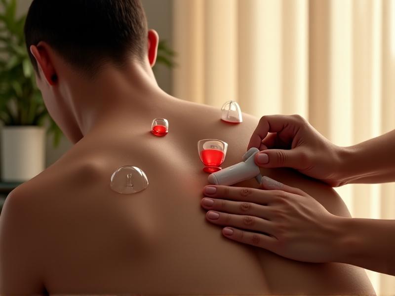 A person receiving cupping therapy on their upper back, with clear silicone cups adhered to relaxed musculature, soft natural light highlighting the red circular marks, and a hand gently pressing a suction pump in a focused, therapeutic setting.