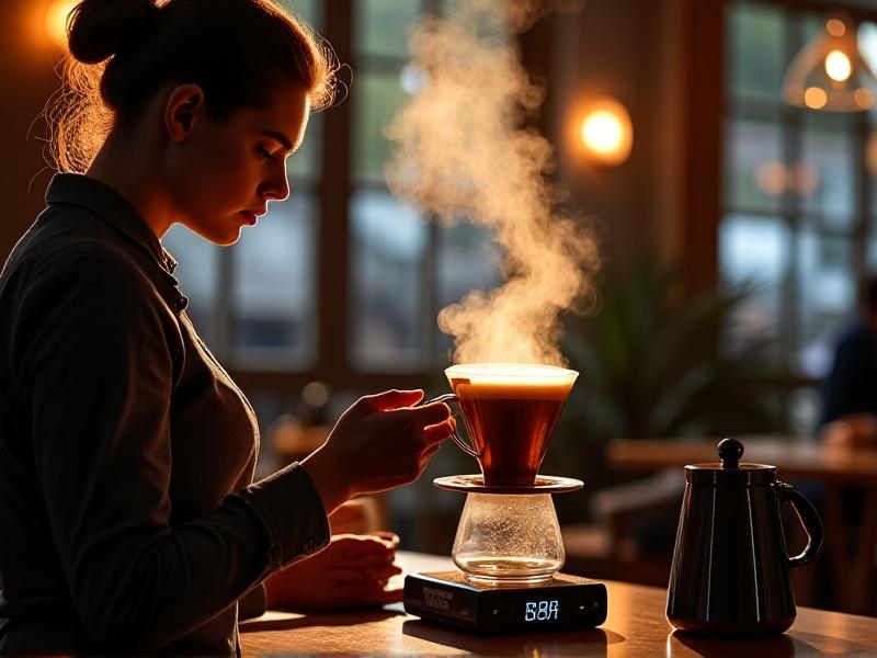Barista using a gooseneck kettle with digital thermometer, steam rising over a copper-plated pour-over setup, ambient café lighting with bokeh effect in background.