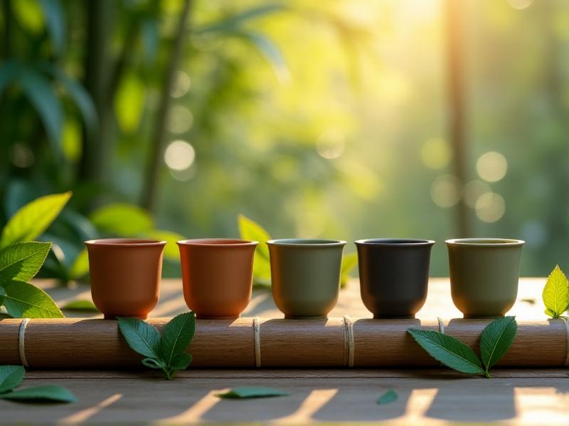 Eco-friendly dosing cups made from biodegradable materials, displayed on a bamboo surface with fresh green leaves. The cups have a matte, organic texture and earthy tones, surrounded by symbols of recycling and carbon footprints to emphasize environmental design.