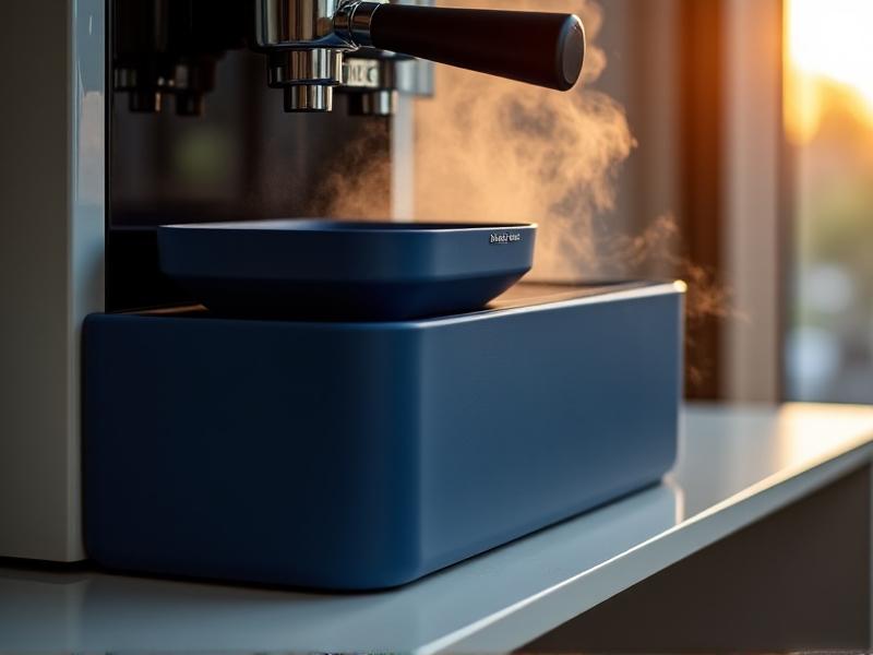A space-saving knock box with a collapsible silicone body in deep navy blue, stored beneath an espresso machine on a narrow kitchen shelf. The lid doubles as a knock bar, featuring a tapered grip. Morning sunlight filters through a window, casting soft shadows on the setup.