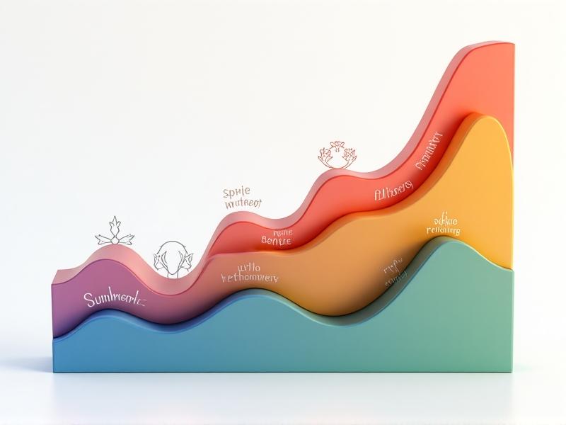 A dynamic 3D graph showing fluctuating trend lines across four quadrants labeled with seasonal icons—snowflake, flower, sun, and leaf. The peaks and valleys correlate to holiday shopping spikes, summer travel surges, and spring renewal trends. The graph is rendered in bold, gradient colors with a minimalist aesthetic.