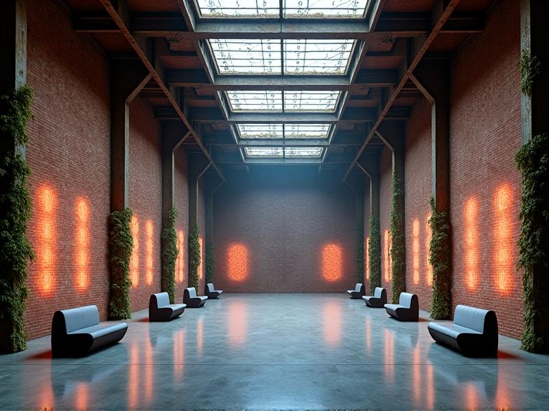 A cavernous former factory with exposed steel beams and brick walls, converted into an art gallery with hanging LED installations and minimalist seating, illuminated by natural light from skylights.