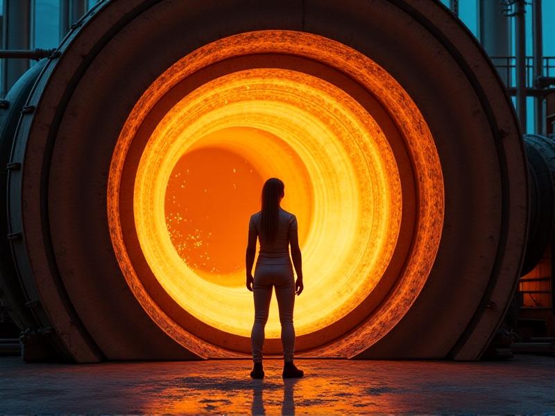 Molten steel glowing bright orange inside a vacuum induction furnace, with sparks erupting as gases escape. The surrounding machinery features heavy-duty copper coils and heat-resistant ceramic linings. A technician in a reflective suit observes from a control room, symbolizing the fusion of raw power and human expertise.