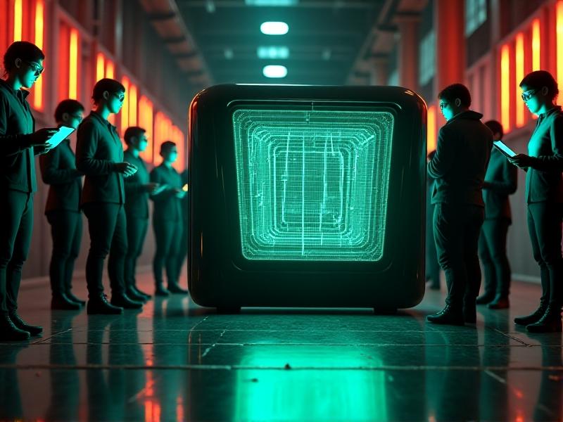 A high-tech laser scanner emitting a green grid pattern over a steel tamper base in a factory setting. The scanner has a sleek black design with glowing indicators, surrounded by engineers in safety goggles analyzing data on a tablet. Cyberpunk-inspired lighting with neon accents against a dark, industrial backdrop.