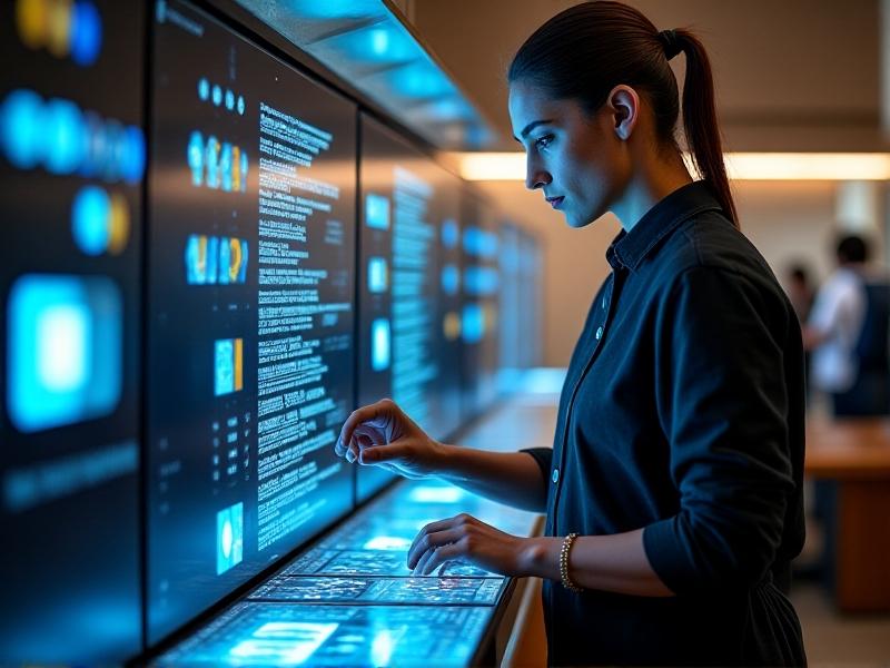 A barista adjusting a touchscreen interface on a futuristic coffee roaster with glowing blue airflow indicators and holographic pressure graphs. The machine's matte black exterior contrasts with brass fittings, surrounded by mist from a cooling tray. Neon-accented data streams overlay the image, blending tech and craftsmanship aesthetics.