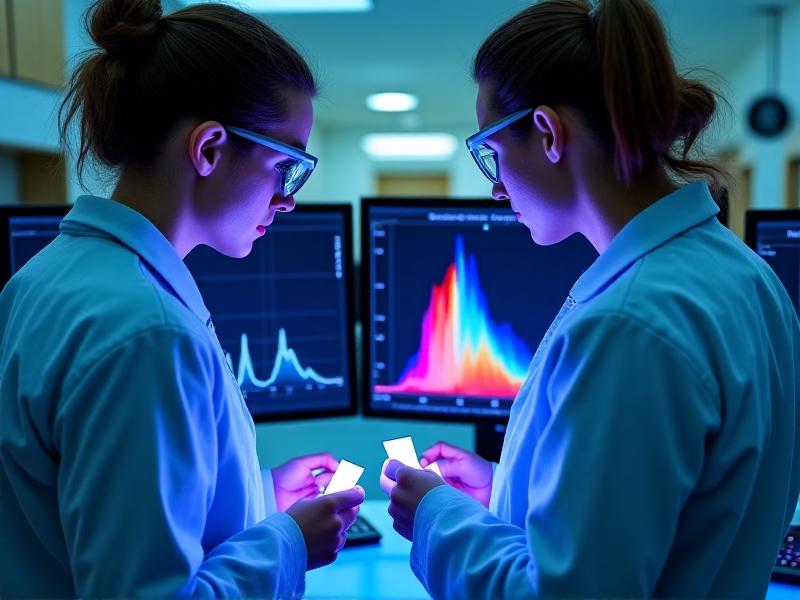 Laboratory technicians in white coats comparing UV-exposed coffee samples using advanced spectrophotometers, with colorful spectral graphs projected on monitors showing absorbance peaks in indigo and violet wavelengths.