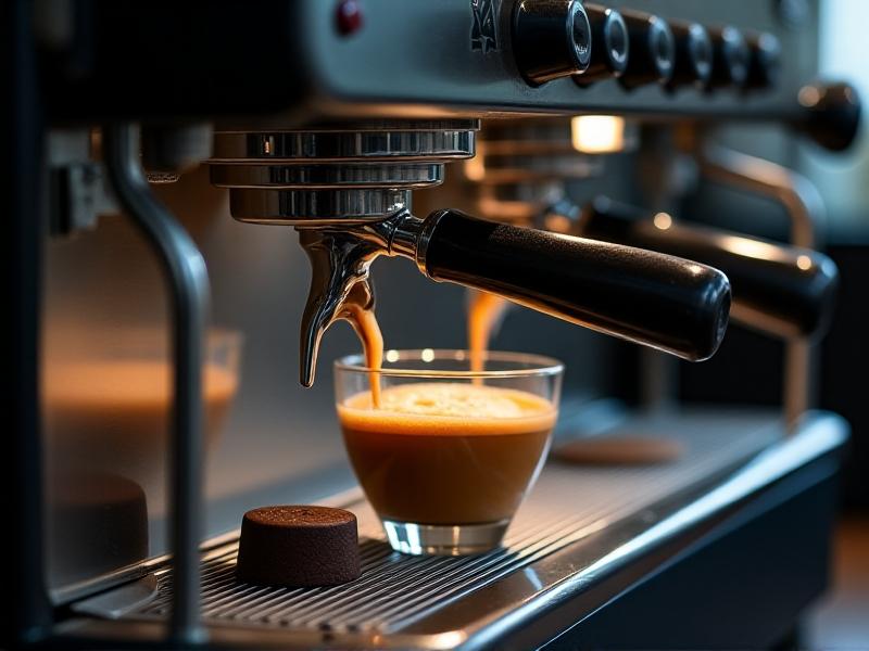 A barista’s hands adjusting a lever mid-extraction, with coffee flowing into a glass demitasse. The foreground shows a WDT tool and coffee puck, while steam wisps rise from the machine’s boiler. Cool-toned shadows contrast with golden highlights on the espresso crema.