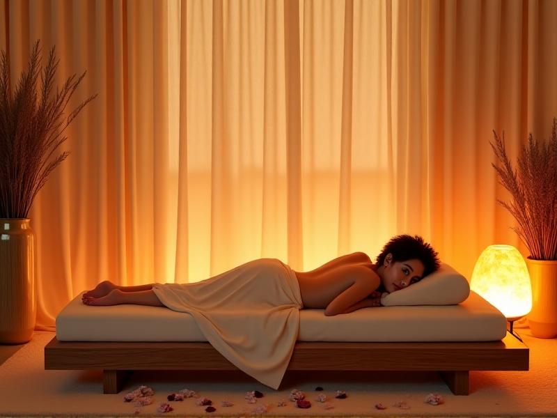 A tranquil home spa corner with soft amber lighting, a low wooden massage table draped in ivory linen, a Himalayan salt lamp glowing warmly, and a diffuser releasing mist amidst scattered rose petals, evoking peace and serenity.