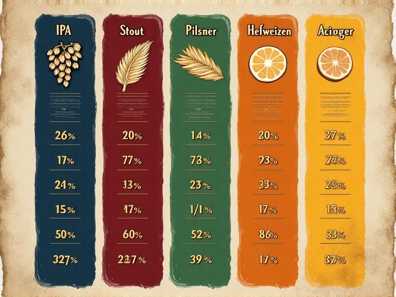 A colorful vertical chart comparing mineral profiles for IPA, Stout, Pilsner, and Hefeweizen, with icons of hops, malt, and citrus slices against a parchment-style background, designed for quick visual reference in a brewery planning session.