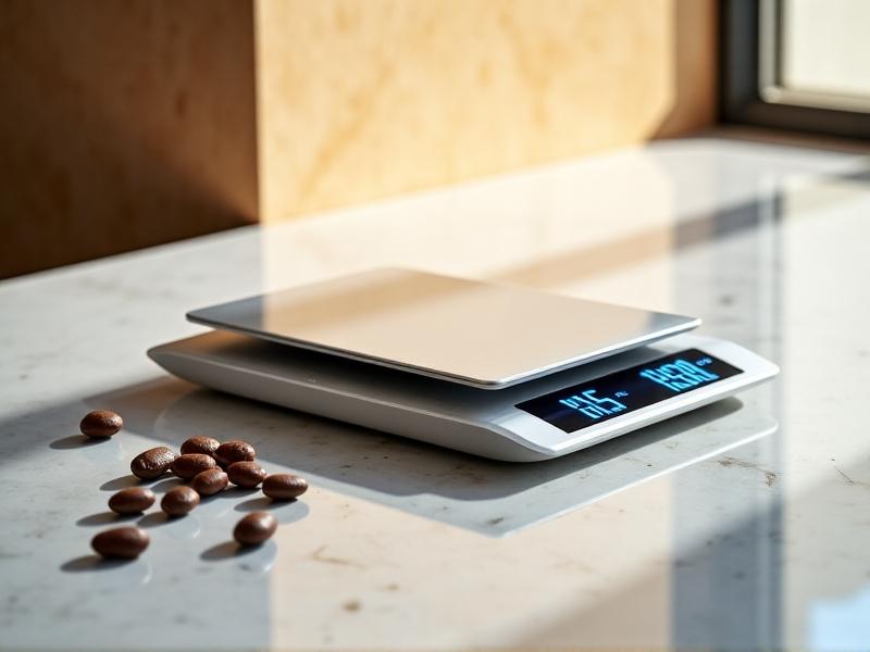Side-by-side comparison of two digital scales: one showing 15 grams and the other 15.0 grams. The scales rest on a marble countertop with coffee beans scattered nearby. Sunlight streams through a window, casting soft shadows and emphasizing the contrast in precision between the devices.
