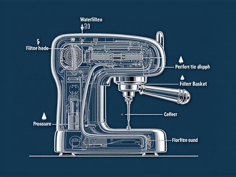 A cross-sectional diagram of a manual lever espresso machine in a technical illustration style, showing the spring mechanism, group head, and water flow path. Arrows indicate pressure changes from 9 bar to 5 bar during extraction, with labels explaining each stage in white text against a dark blue background.