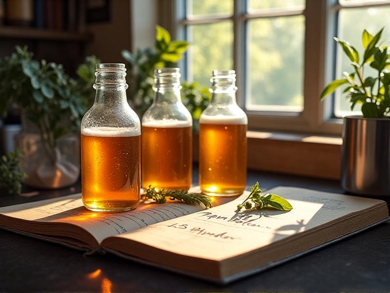 A rustic kitchen counter with a homebrewing setup: glass fermenters, stainless steel pots, scattered hop cones, and a handwritten recipe notebook open to a page detailing a pale ale. Warm sunlight streams through a window, emphasizing the DIY ethos of homebrewing.