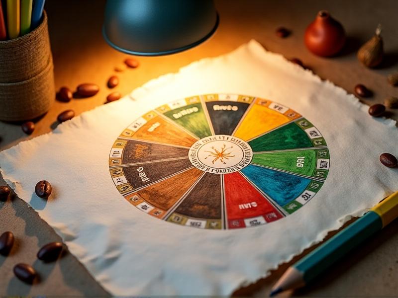 Hand-drawn flavor wheel on kraft paper, with watercolor splashes in muted greens and browns labeling categories like 'Spices' and 'Nuts.' Colored pencils and coffee beans scatter around the page, lit by a warm desk lamp. The image conveys creativity and personalization, ideal for artisans and hobbyists crafting their sensory tools.