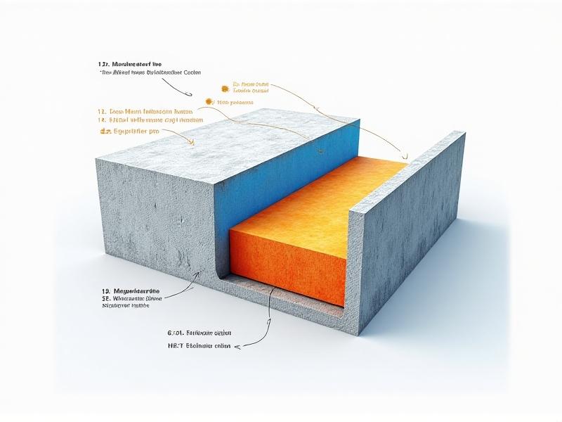 A cross-sectional technical diagram of concrete layers, color-coded to represent hydration stages. Timestamps and temperature graphs overlay the illustration, with annotations explaining thermal expansion and moisture content. The minimalist design uses a white background with blue and orange accents for clarity.