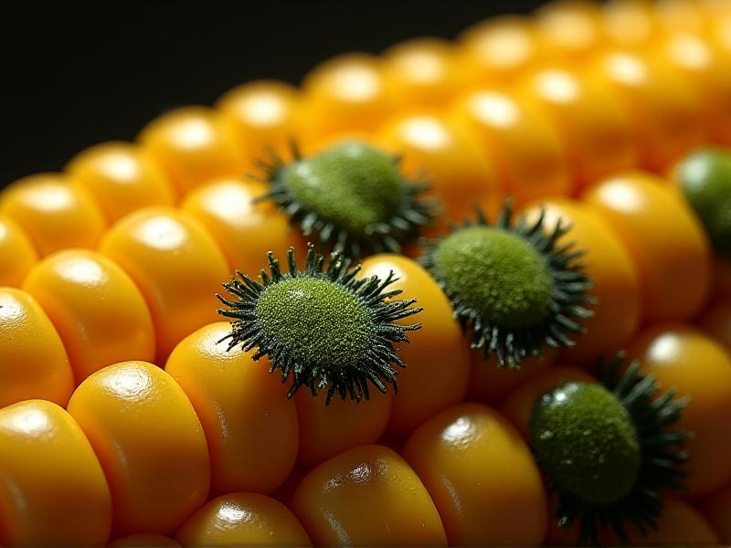 A macro photograph of mold growing on stored corn kernels; green and black spores spread across yellow surfaces, illuminated by stark white light to emphasize contamination and decay.
