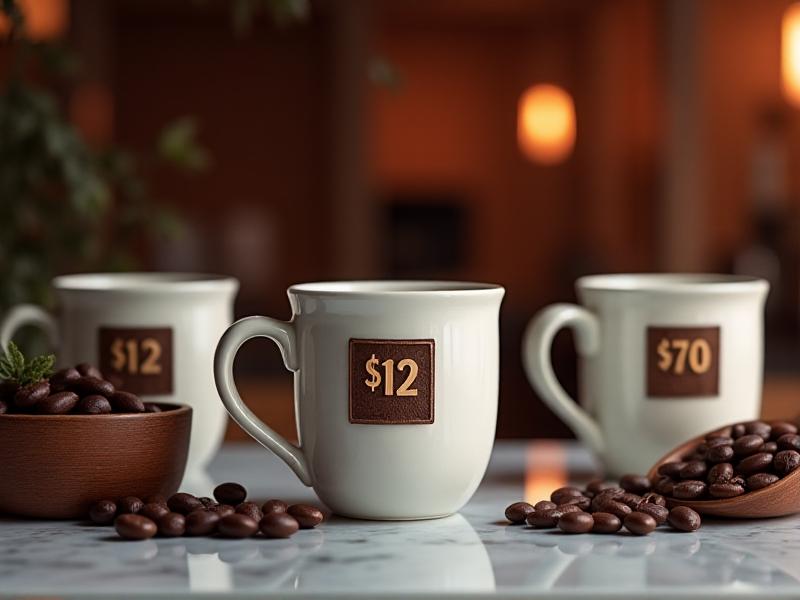 Three coffee cups on a marble counter, each with price tags: $12, $7, and $7.50. The highest-priced cup is centrally placed, flanked by others. Rustic coffee beans and a handwritten 'Roaster’s Choice' sign sit nearby, with soft focus enhancing the price comparisons.