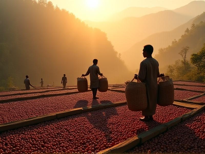 Workers sorting coffee cherries on raised drying beds in Ethiopia, surrounded by misty highland valleys. Sunlight filters through layers of cherry skins and parchment, casting amber hues. Traditional woven baskets and wooden tools suggest artisanal methods, with a focus on texture and natural lighting.