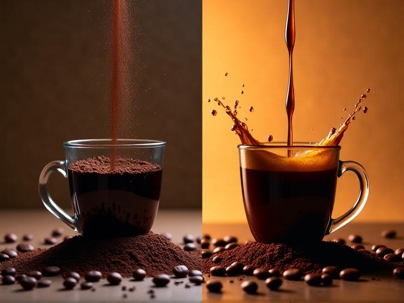 Split-image comparison: on the left, a dark roast fine grind in a precision basket with slow-dripping espresso; on the right, a coarse grind in a traditional basket with rapid, uneven flow. Warm studio lighting accentuates texture differences and liquid viscosity.
