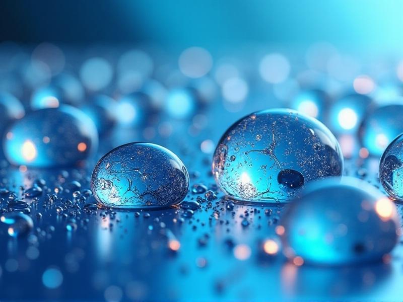 Laboratory-style close-up of water droplets containing dissolved magnesium and calcium ions, digital illustration with metallic shimmer effects, cool blue background with scientific diagram overlays.