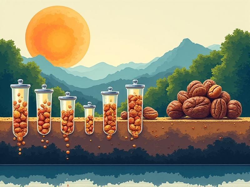 A cross-sectional laboratory diagram showing coffee cherries in various processing stages: fermentation tanks bubbling with yeast cultures, drying beds under sunlight, and roasted beans under microscope slides revealing crystalline structures. Cool blues and warm ambers contrast, with labels in a clean sans-serif font, illustrating scientific precision.